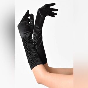 Long Black Gathered Stretchy-Satin Gloves